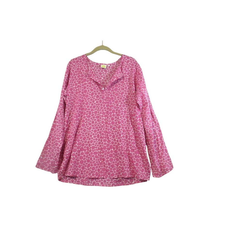 See Design Pink Woven Cotton Tunic Blouse Polka Dot Print Women's Medium